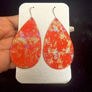 Leather Red, gold splatter earrings $15